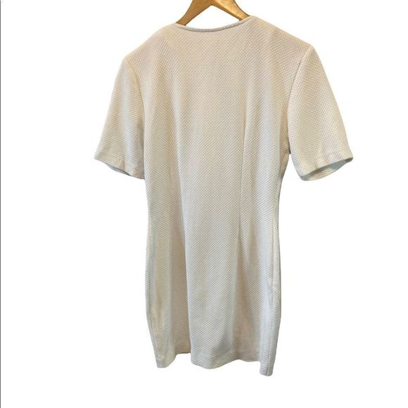 White Waffle Short Sleeve Gold Button V Neck Mini Dress - Picture 3 of 7